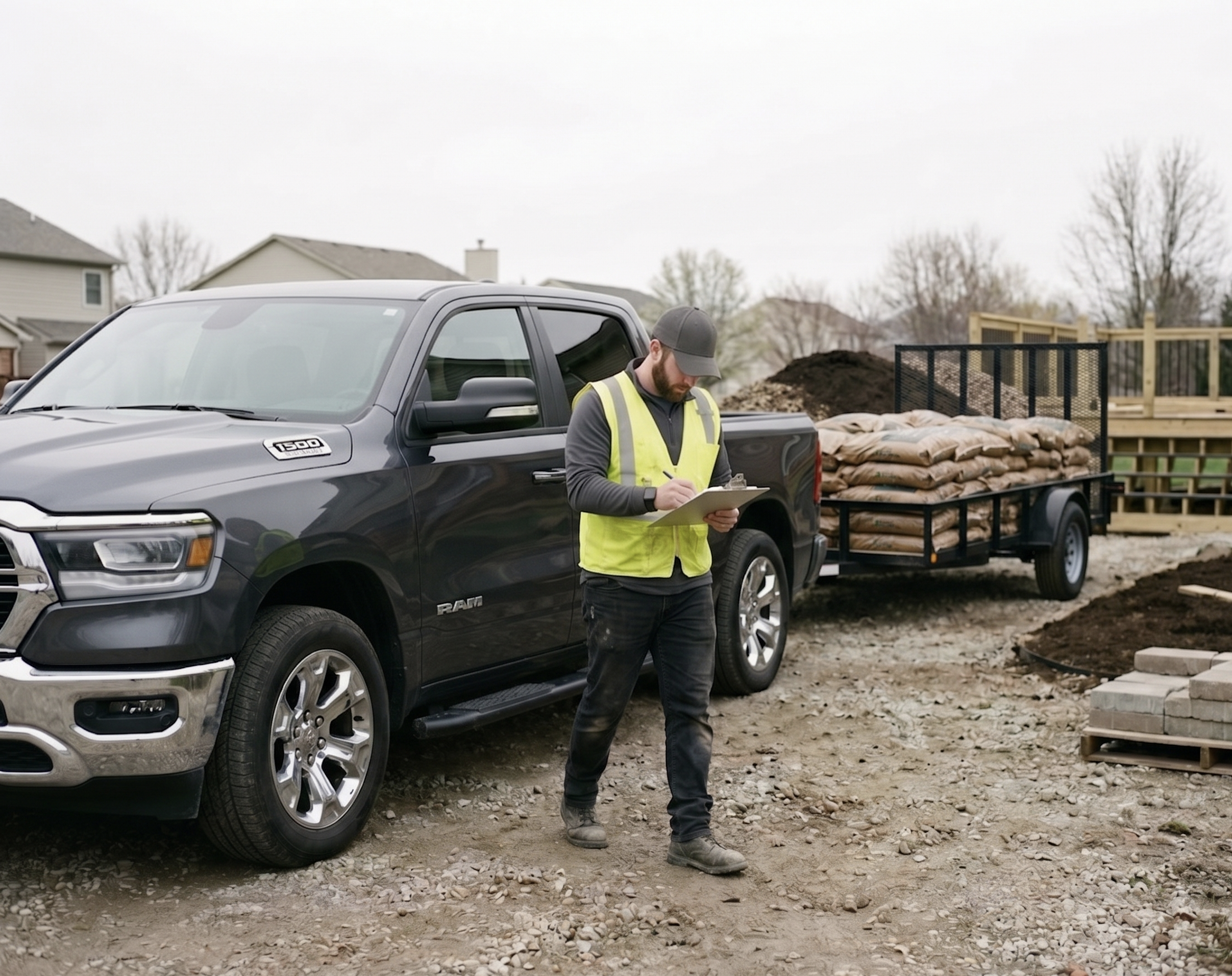 Owner-operator with Ram 1500 and loaded trailer on a Central Indiana jobsite